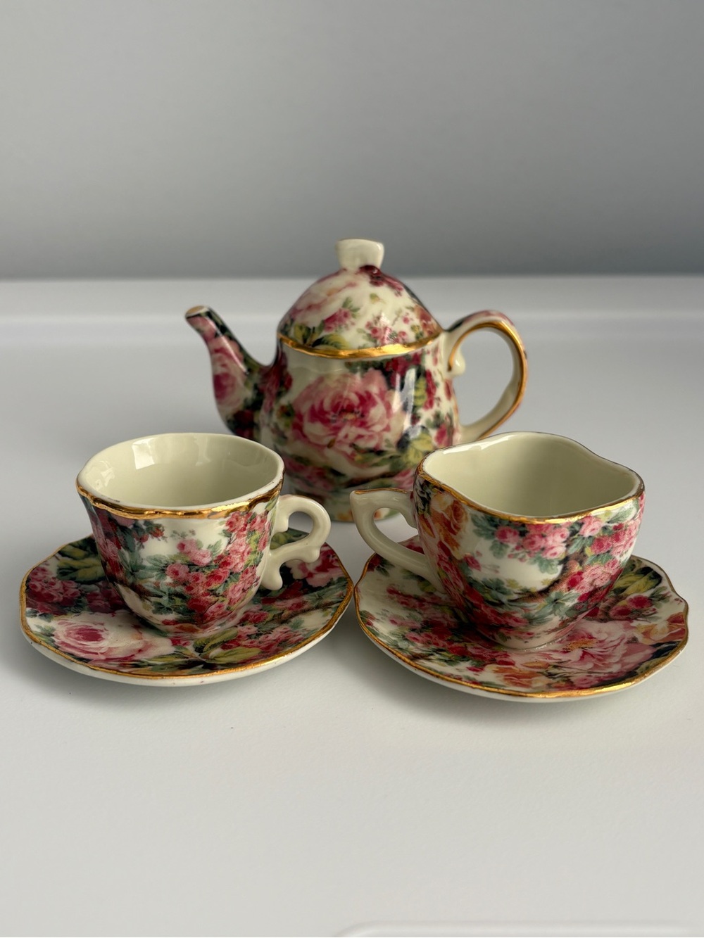 Vintage Miniature Rose Porcelain Tea Set - 3pc